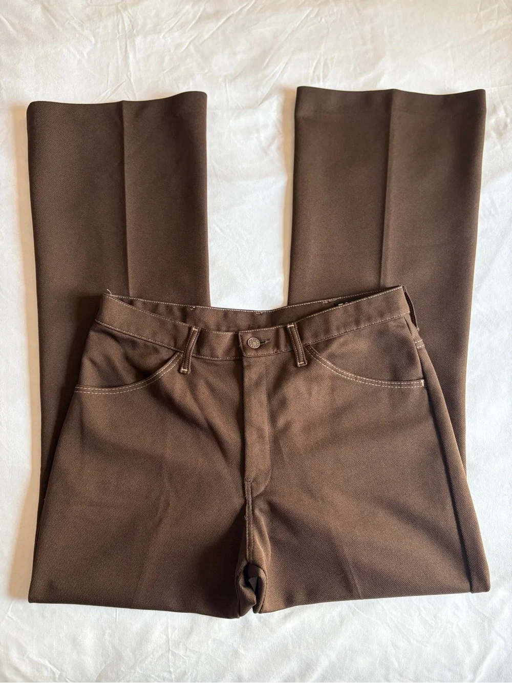 Farah Chocolate Brown Contrast Stitch Flare Trousers Retro Workwear Menswear